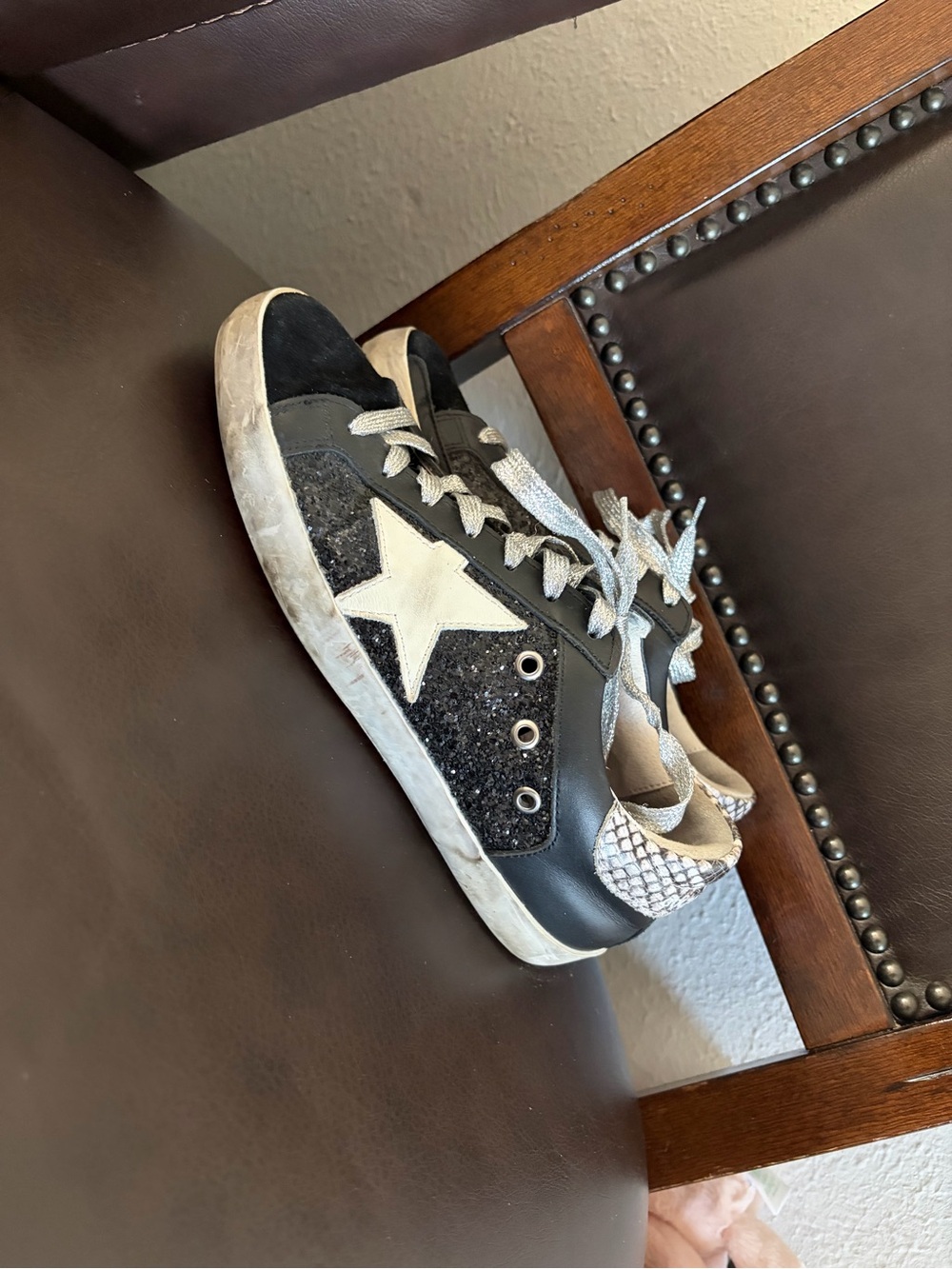 Golden Goose Black Glitter Sneakers with White Star and Silver Accents